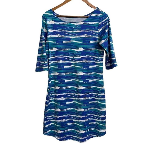 Lola Womens Blue Abstract Striped Roll Tab Sleeve Active T-Shirt Dress Medium - Picture 1 of 6